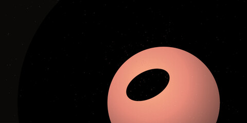 An artistic rendering of a planetary ring system with a large, translucent ring encircling a distant planet, set against a backdrop of star-speckled deep space. © DreamPixel Art