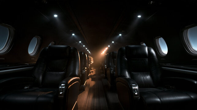 Empty Luxury Private Jet Interior with Black Leather Seats