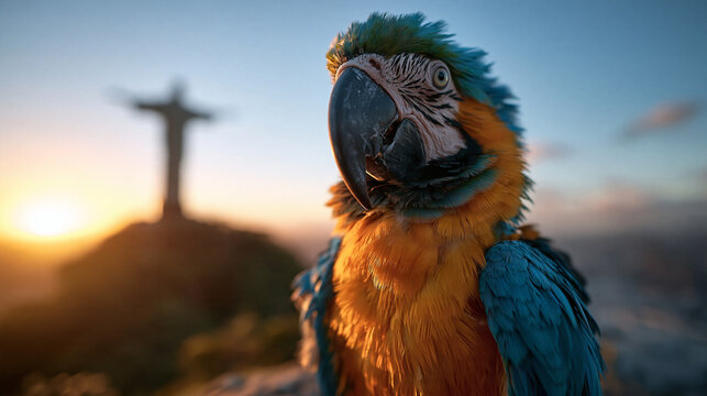 Blue-and-Yellow Macaw with Christ the Redeemer in Rio de Janeiro