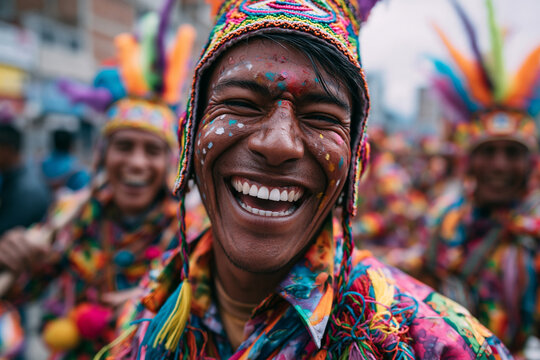 Joyful Indigenous Man Laughing During Traditional Carnival Festival