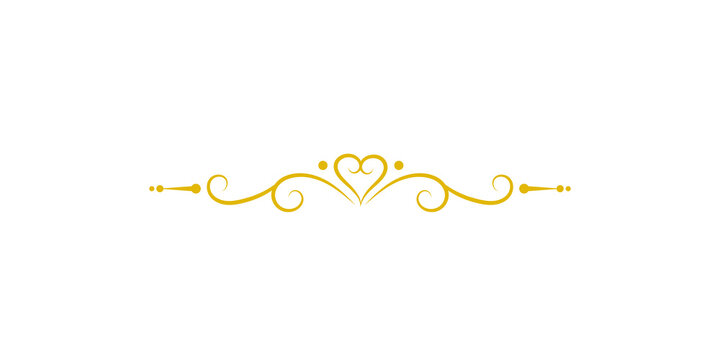 Golden decorative flourish divider with heart shape isolated on transparent background