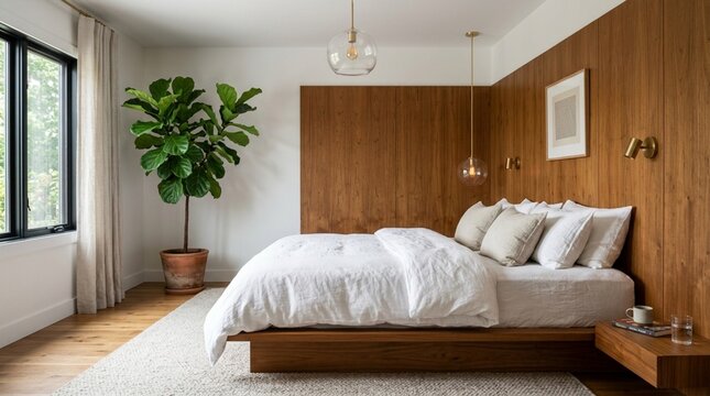 Modern bedroom with wooden accent wall, large potted plant, and clean white bedding