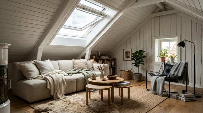 Cozy Attic Living Room with Skylights and Modern Furniture
