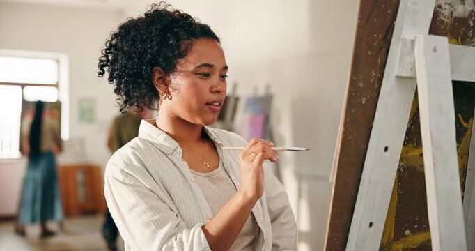 Painting, thinking and class with woman in workshop for creative, inspiration and brush stroke technique. Project creativity, artist hobby and easel with people in studio for design, vision and art