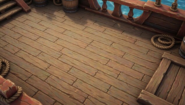 Rendering wooden deck ship made planks arranged grid-like pattern railing right side bench left there several