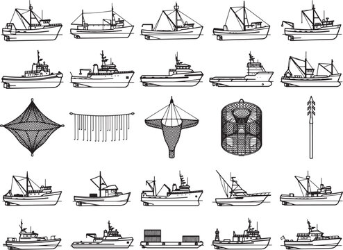 A collection of sketches depicting various fishing vessels and marine equipment, showcasing different boat types and fishing gear for the fishing industry.