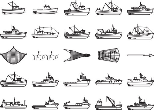 A collection of ship and net illustration featuring fishing boat, trawler, cargo boat, coast guard boat and more.