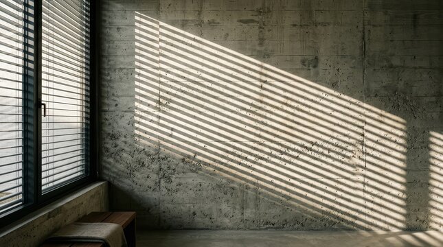 Architectural concrete wall with dramatic parallel shadows cast by venetian blinds for minimalist interior design