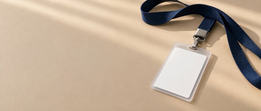 Blank ID card holder with a blue lanyard rests on a beige surface. Sunlight casts soft shadows across the background. This image provides ample copy space for custom branding. banner format