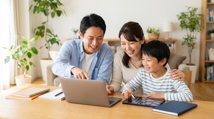 Obraz premium Happy Asian family enjoying time together using laptop and tablet at home.