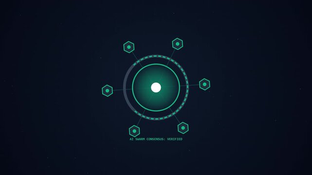 High-end 4K motion graphic of a decentralized AI agent network with autonomous sub-node coordination, enlarged central master hub structure, data packet transmission, and enterprise consensus payoff,