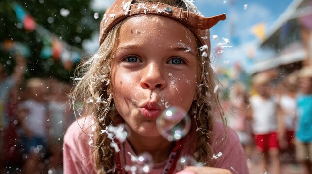 A playful young girl pouts playfully while blowing bubbles, capturing a delightfully whimsical moment full of innocence and joy at a festive gathering.