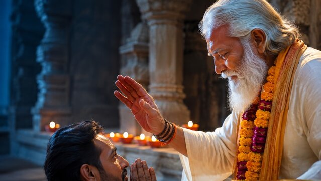 Spiritual leader blesses a devotee in a sacred ceremony. Traditional oil lamps illuminate the ancient temple background. This image evokes reverence, tradition, and spiritual guidance