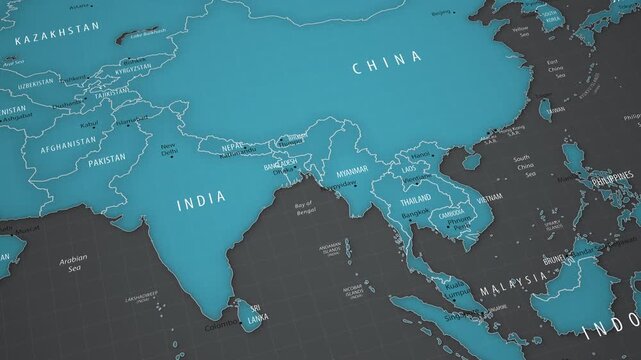 Animated political map showing Myanmar in Southeast Asia with smooth camera movement. Detailed geographic view with national borders, neighboring countries, capital and surrounding regions.