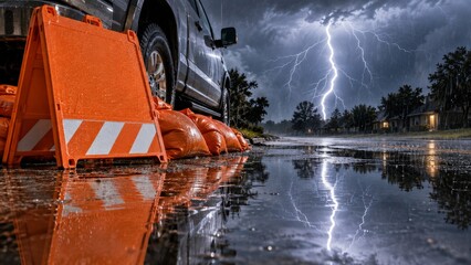 Obraz premium Orange sandbags and a barrier protect a car during a severe thunderstorm. Lightning strikes down near residential homes at dusk. This image conveys natural disaster preparedness and emergency response