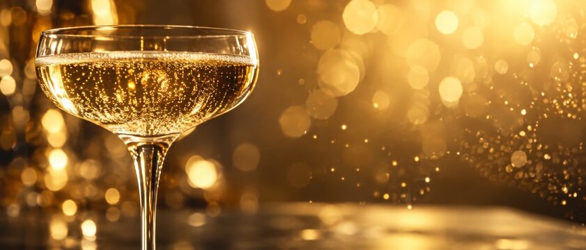 Bubbly champagne in a coup glass with sparkling golden bokeh. This festive image captures the essence of celebration and luxury. Its ideal for conveying joy, success, and special banner format