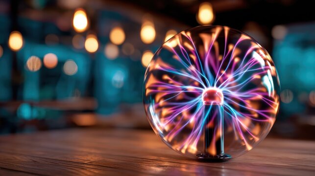 A mesmerizing plasma sphere emits vibrant colors and lightning-like arcs, captivating viewers with its electric energy and unique display of physics phenomenon.