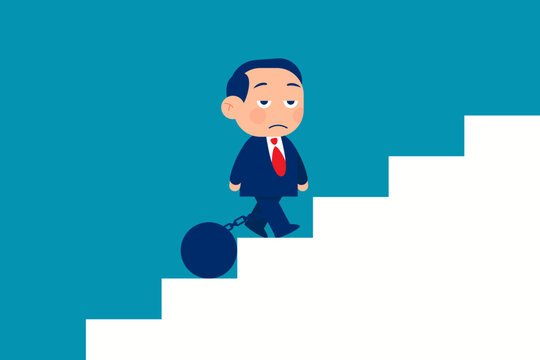 Businessman walking up stairs with weighted pendulum. Business vector illustration concept