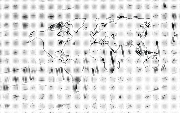 Abstract world map created with black halftone dot pattern on a white background