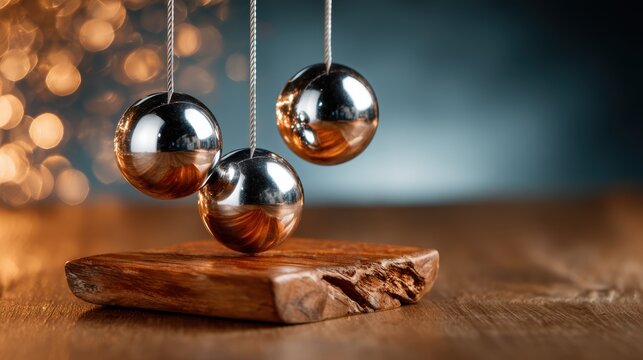 A dynamic pendulum with three metallic balls in motion is captured beautifully, illustrating principles of physics and the elegance of design in a captivating manner.