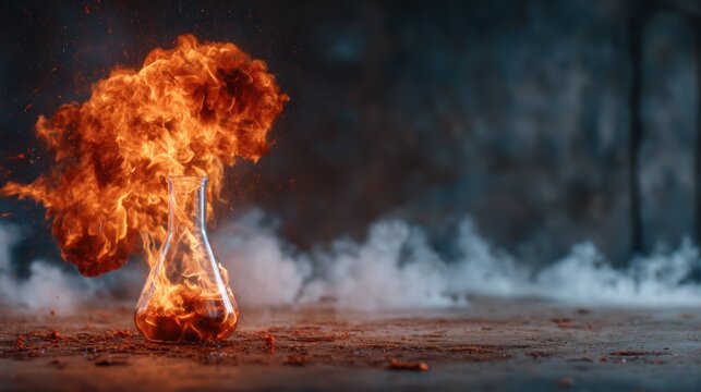 A dramatic depiction of a chemical reaction, with flames bursting from a flask in a laboratory setting, symbolizing innovation, experimentation, and science in action.
