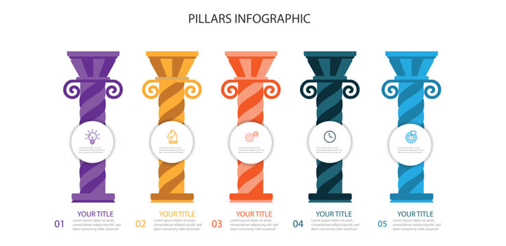 Infographic template with 5 pillars for business presentation step options workflow and data visualization diagram design