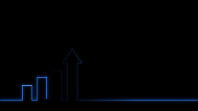 Glowing blue growth chart animation with an upward arrow symbolizing progress, increasing performance, business growth, success, and financial development on a black background