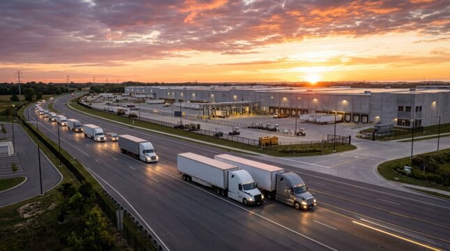 Trucks Transporting Goods Near Warehouse at Sunset in Urban Area