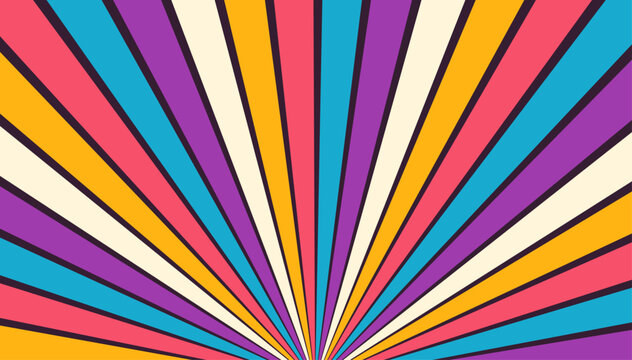 Vibrant 70s style background design with colorful radiating beams. Vector illustration.