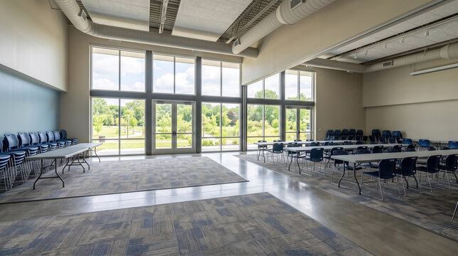 Modern multi-purpose community room interior with large windows and foldable tables setup for events meetings and gatherings
