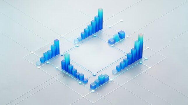 Isometric bar charts with translucent blue columns on a grid background represent data analysis and financial performance metrics