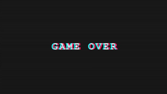 Retro Game Over Text with Glitch Distortion Effect and RGB Split Anaglyph on Dark Background