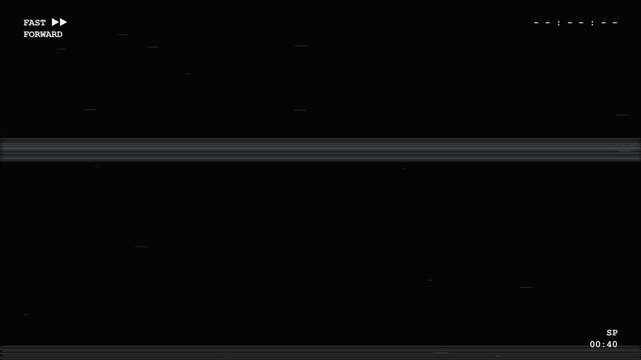 VHS Fast Forward Playback Screen Glitch Overlay with Analog Tape Tracking Error Scanlines on Black Background
