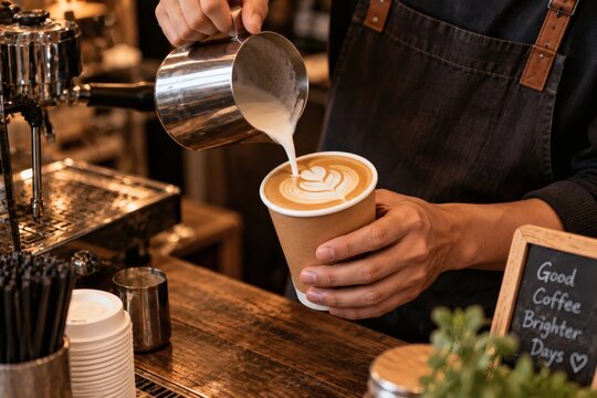 Barista Pouring Latte Art into a Takeaway Coffee Cup