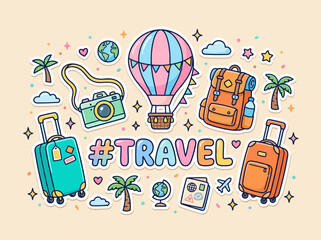 Colorful travel themed sticker set with luggage camera balloon and palm trees on beige background © razina01
