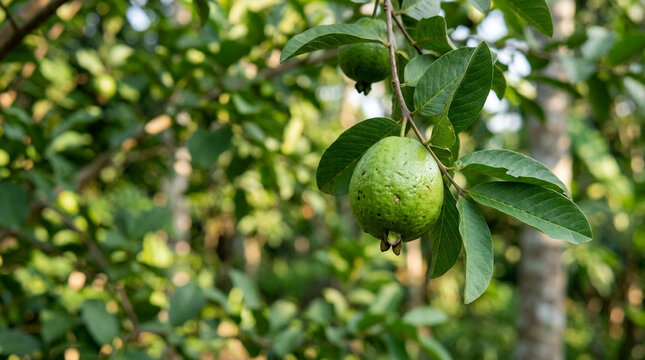 Green guava fruit hanging on tree branch with lush foliage background