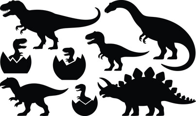 Set of black dinosaur silhouettes featuring t-rex, long neck sauropod, and hatchlings in eggs, isolated on a white background © Easir1010