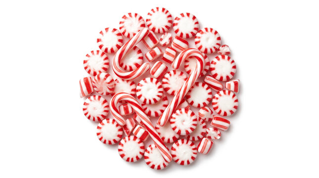 Assorted peppermint candies arranged in circular pattern with white and red speckled background