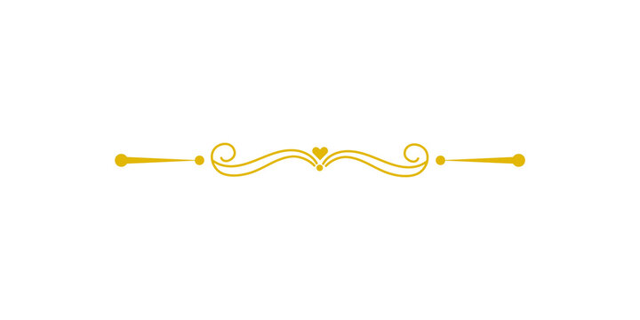 Elegant golden decorative divider with swirls and a small heart isolated on transparent background