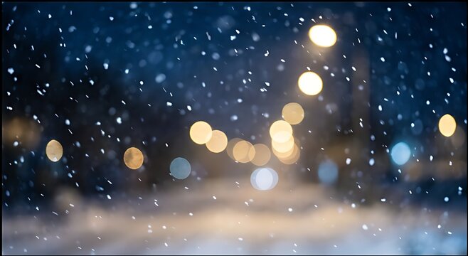 Falling snow at night with warm street light bokeh, dreamy blue and gold winter atmosphere