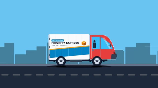 Delivery Truck Driving along City Road for Fast Express Courier Shipping Service Animation
