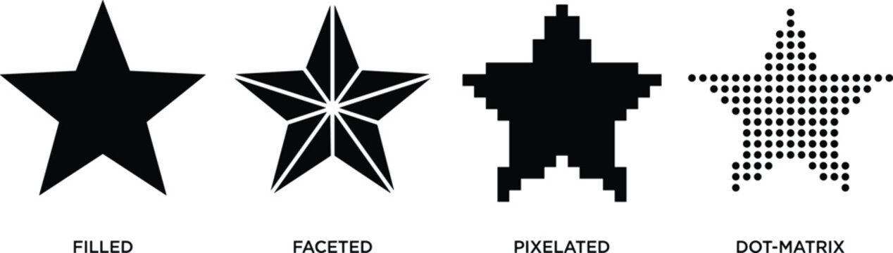 Black Star Shape Collection Set with Filled Faceted Pixelated and Dot Matrix Styles