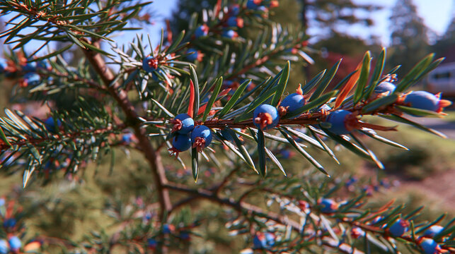 Close up of blue juniper berries on green pine tree branch outdoors with conifer tree