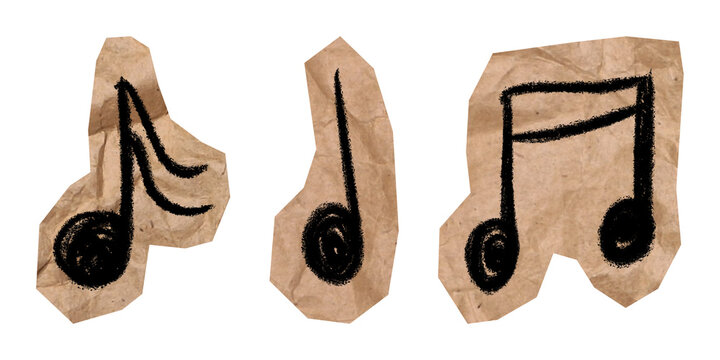 Three musical note sketches on torn brown paper pieces with illustration isolated handmade