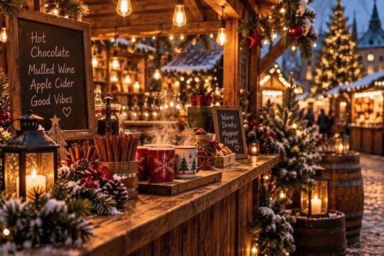 Winter Holiday Market Stall with String Lights and Warm Mugs