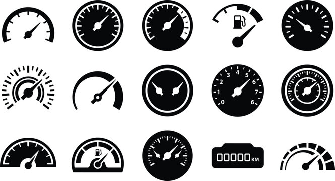 Automotive dashboard speedometer black silhouette vector icon set featuring car tachometers and fuel level gauges
