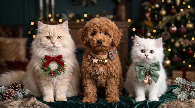 Cute dogs and cats wearing christmas ornaments by a holiday tree