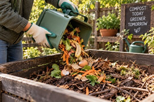 Gloved Hands Emptying Kitchen Compost into Garden Pile