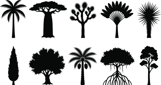 Exotic global tree silhouette vector set featuring baobab palm joshua banyan and diverse botanical plant species
