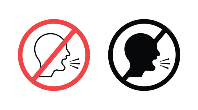 Stop talking signs, no speaking symbols, silence warning notices, quiet area regulation, communication restriction, public behavior, vector graphic